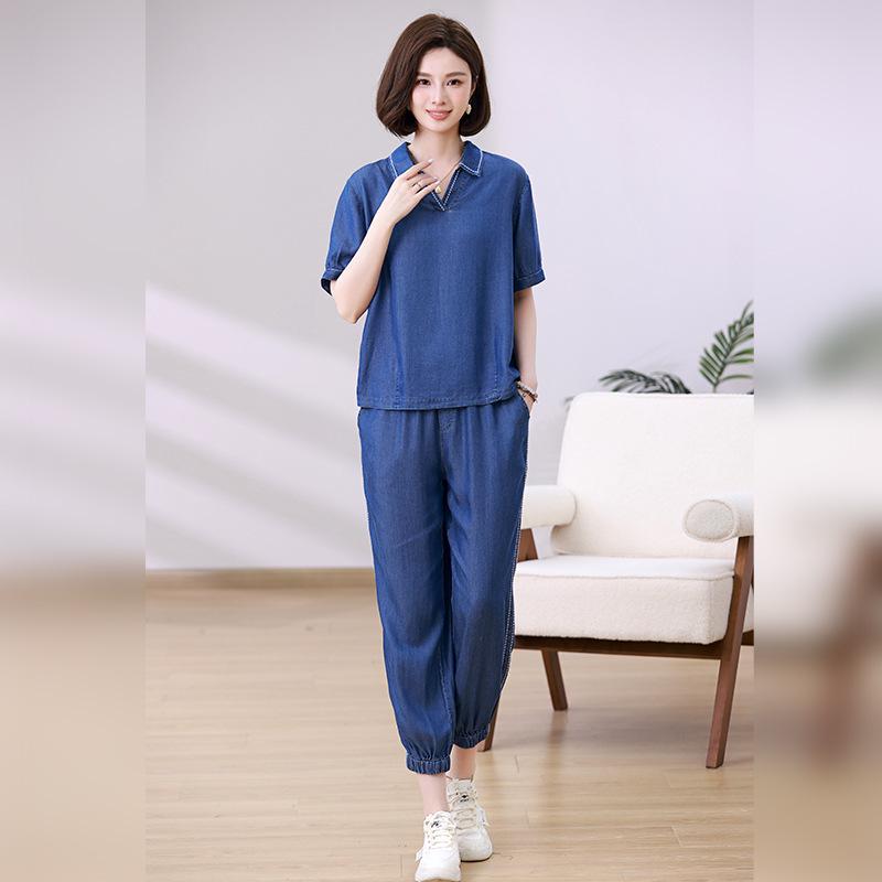 

Женский летний костюм из тенселя и денима: Стильный повседневный костюм-двойка 2025 года для мам среднего возраста Large