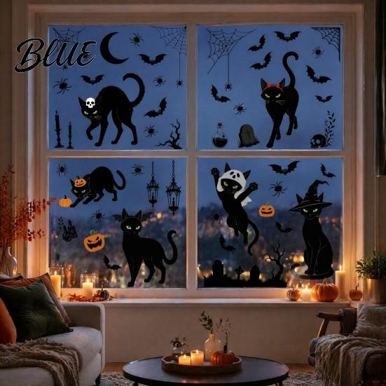No Residue Holiday Decorations 6 Sheets/Set Black Cat Window Stickers Adhesive Free Static Clings Halloween Clings Bat Pumpkin Spider Web Decals for