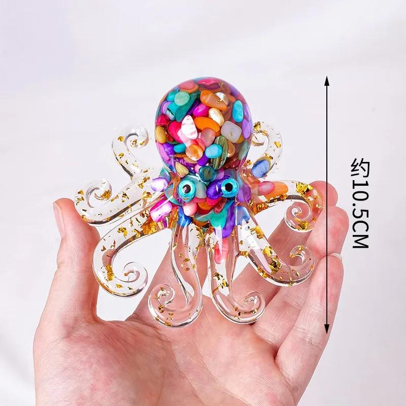 Natural Crystal Gravel Miniature Octopus Statue Chinese Lucky Feng Shui Ornament Resin Squid Home Tabletop Landscape Ornaments