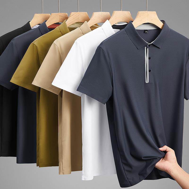 Men's Ice Silk Polo Shirt, Casual Short Sleeve Placket Detail Solid Color Golf Top