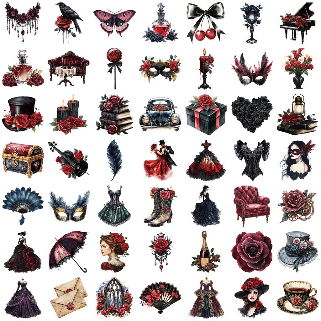 50pcs Black and Red Cartoon Mask Ball Series Stickers Waterproof Gothic Rose Decoration DIY Water Cup Phone Sticker