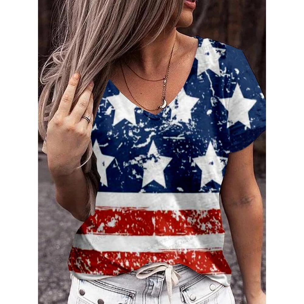 American Flag 3d Print T-shirt Women Fashion V-Neck T-shirts Short Sleeve Tops Tees Loose Casual Tees