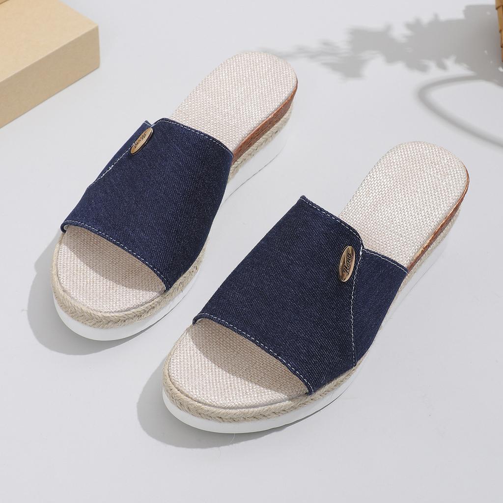 Women Canvas Wedge Slippers 2025 Summer New Fashion Elegant Peep Toe Platform Shoes Large Size Ladies Sandals Zapatos De Mujer