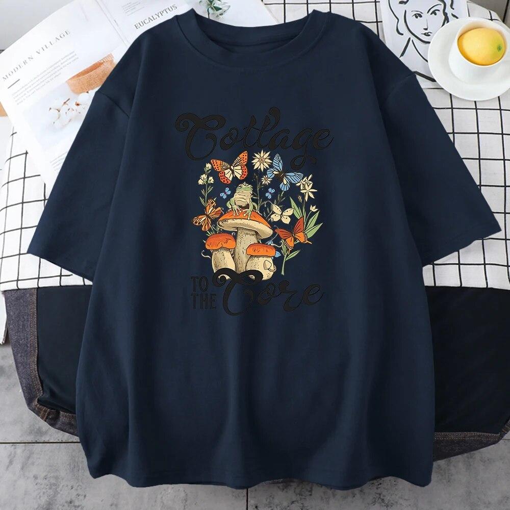 Cottagecore Estetika s žabí houbou Květinové topy Unisex trička nadměrné velikosti Volná letní trička Nové trička ze 100% bavlny