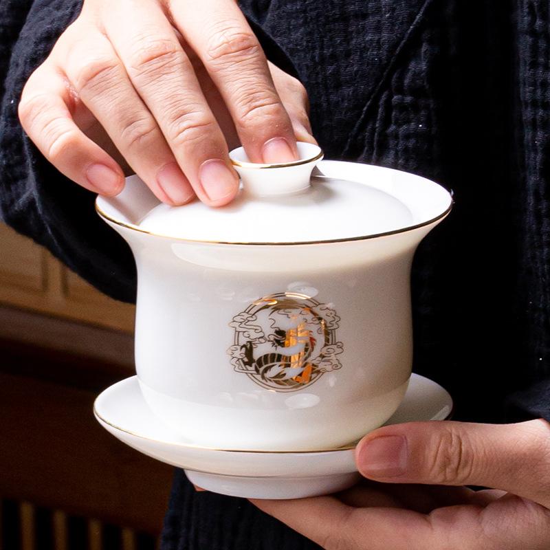White Porcelain Tea Bowl Suet Jade Kung Fu Tea Set Ceramic Cover Bowl Teacup Annual Meeting Business Gift Set Formulation