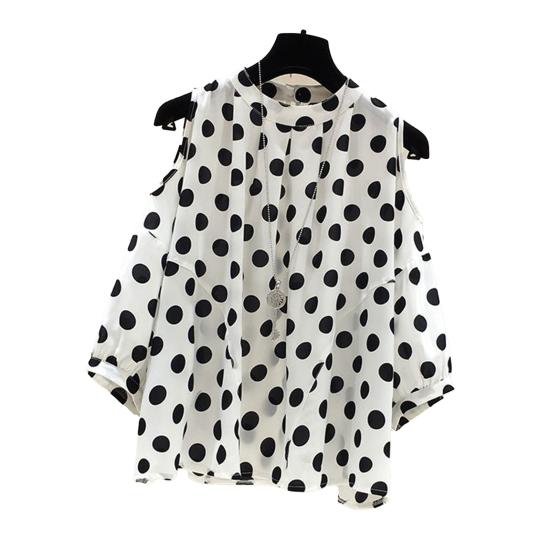 Women Top Round Neck Off Shoulder Long Sleeve Polka Dot Printing Elegant Loose Summer Lady Pullover Shirt Top Daily Wear
