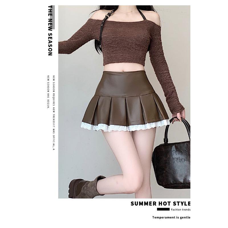 Hot Girl Leather Pleated Lace Skirt Autumn and Winter High Waist Versatile Hip-covering A-line Skirt Pants