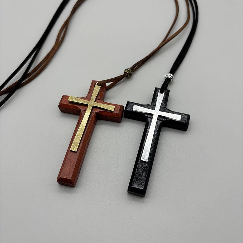 Vintage Retro Alloy Wood Cross Pendant Unisex Sweater Chain Necklace