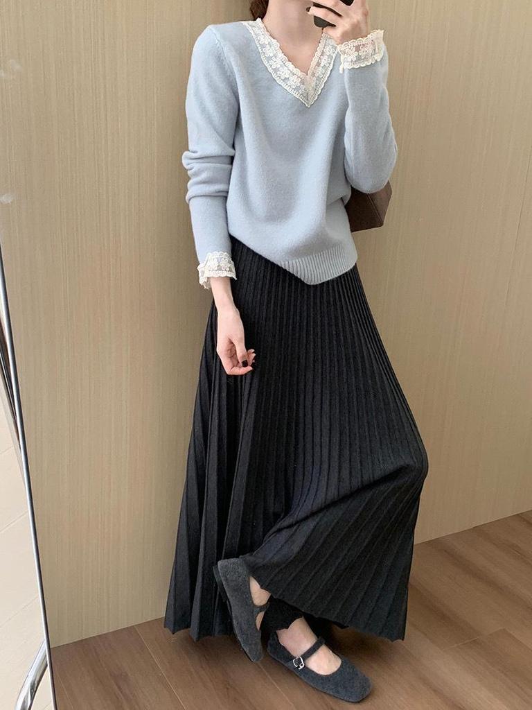 Korean Style High-Waisted Pleated Knit Midi Skirt: Elegant, Versatile, and Soft for a Casual Ladylike Look