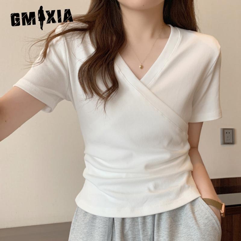 

GMXIA Футболка с короткими рукавами и крестообразным V-образным вырезом, женская, летняя, дизайнерская, Sense, тонкие, короткие, узкие топы M белый