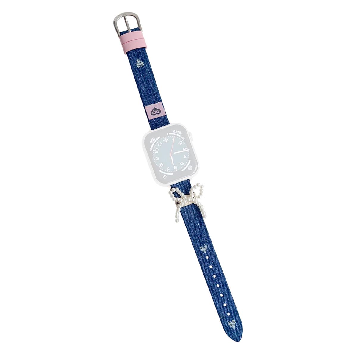 

Ремінець на зап ястя для Apple Watch Series 10 Ultra 9 8 7 SE 6 5 4 3 2 1 46 мм 49 мм 45 мм 44 мм 42 мм Перловий бантик Джинсовий шкіряний ремінець для годинника Love Heart