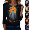 Women's Casual Halloween Print Round Neck Three Quarter Sleeve T Shirt Top Lightweight Comfortable Fit Suitable for Seasonal Wear