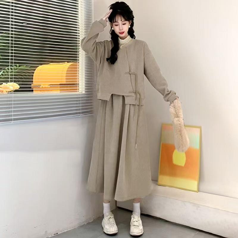 

Осень 2025 Женский флисовый свитшот на пуговицах-лягушках в китайском стиле и комплект юбки миди XL