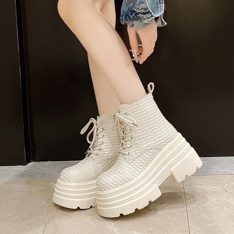 Fashion 9.5CM Women's Chunky Ankle Boots New Autumn Winter Weave Leather Punk Shoes High Platform Casual Leather Short Boots Botas Mujer