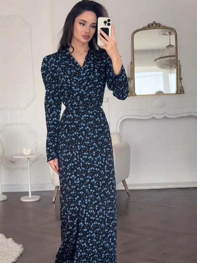 2025 European & American Blue Floral V-Neck Long-Sleeve Casual Dress