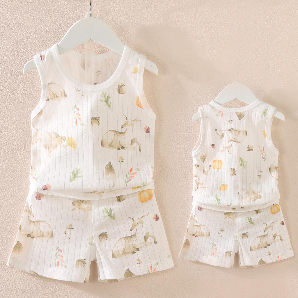 Koreańska wersja zestawu kamizelki dla dzieci Nowy chłopięcy i dziewczęcy dziecięcy kreskówkowy cienki zestaw bez rękawów kamizelki i szortów modny