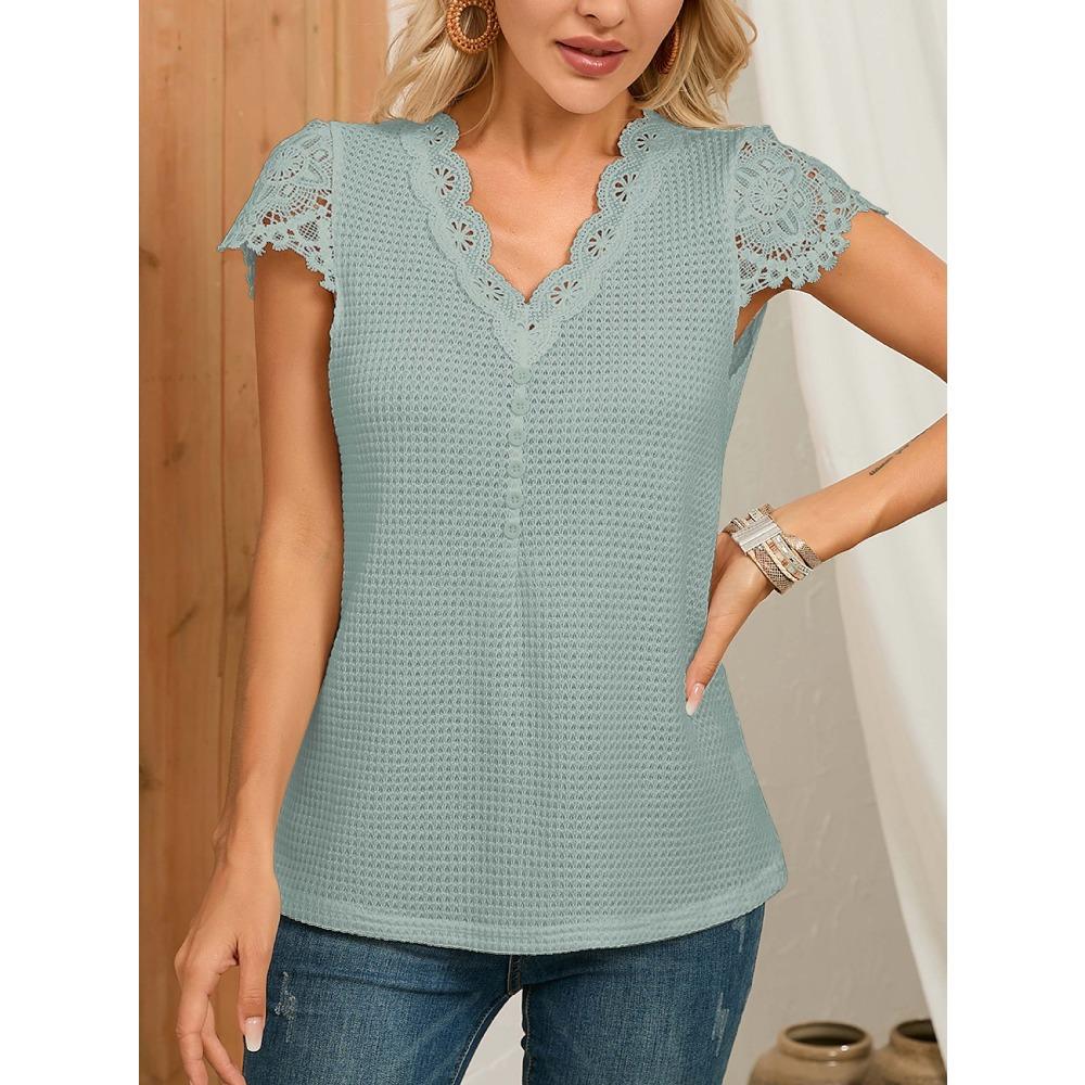 

Весенний новый кружевной воротник, кружевные рукава с воздушными рукавами, трикотаж с v-образным вырезом и летающими рукавами, трикотаж для женщин 2XL