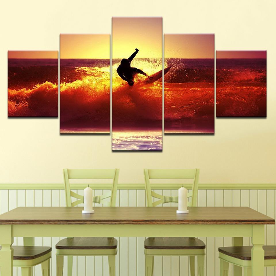 Surfing on the sea golden sunset 5 Panels HD Print Wall Art modern Modular Poster art Canvas painting for Living Room Home Decor