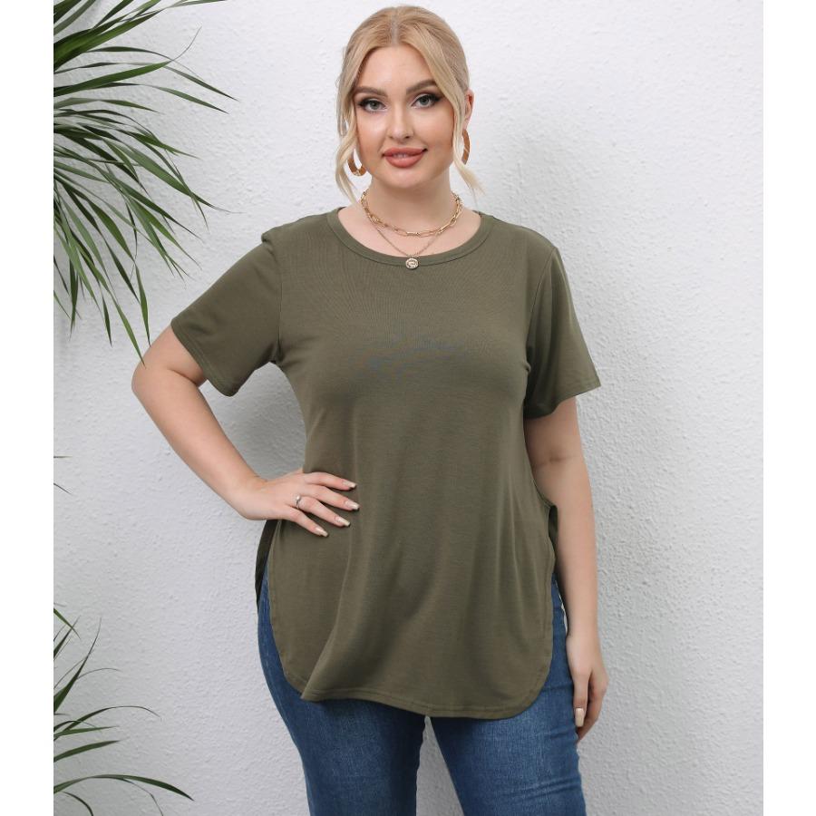 

Женские футболки большого размера, женская однотонная летняя одежда, повседневный минималистичный топ, футболка с короткими рукавами и круглым вырезом с разрезом 4XL армия зеленый