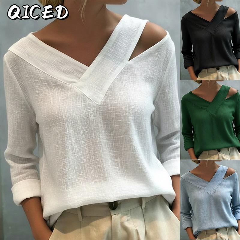 BITCED Women's Fashion Casual Solid Color Print V-Neck Long Sleeve Blouses & Shirts