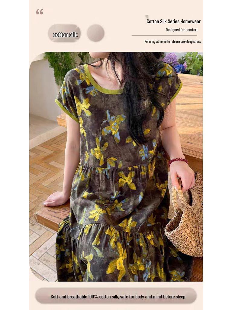2026 Women's Lyocell Cotton Nightgown - Summer Short Sleeve, Outdoor & Homewear, New Chinese Style, Plus Size