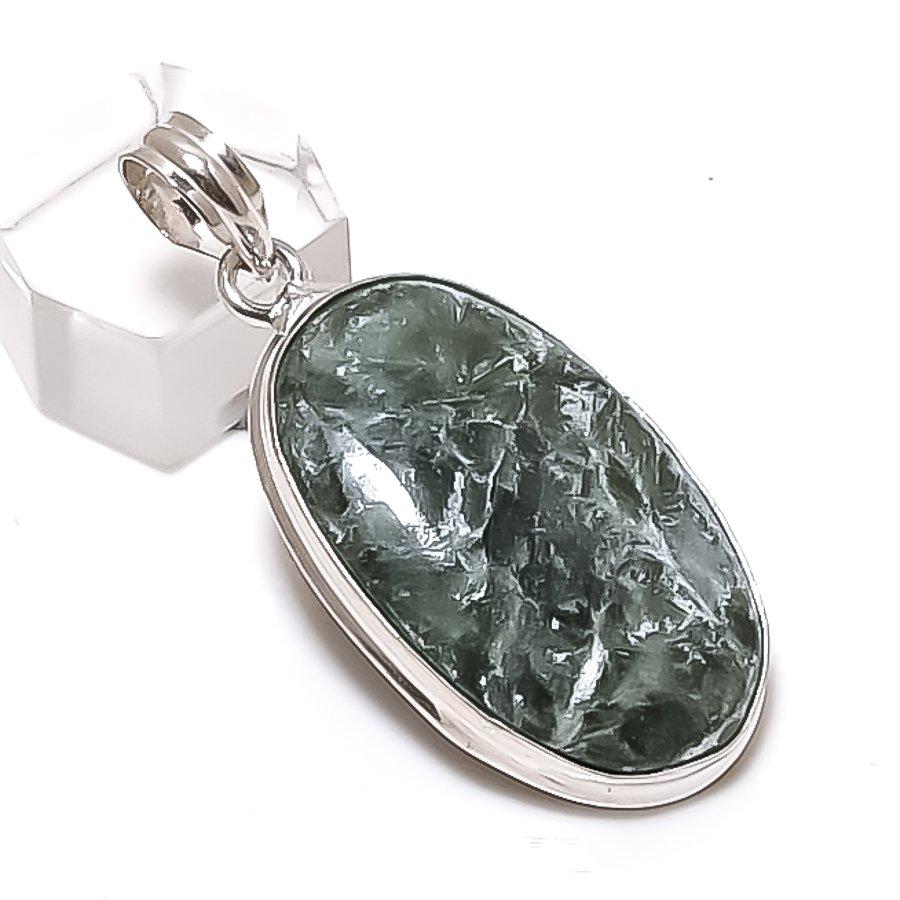 Seraphinite Gemstone Handmade 925 Sterling Silver Jewelry Pendant 2.05" w1a61