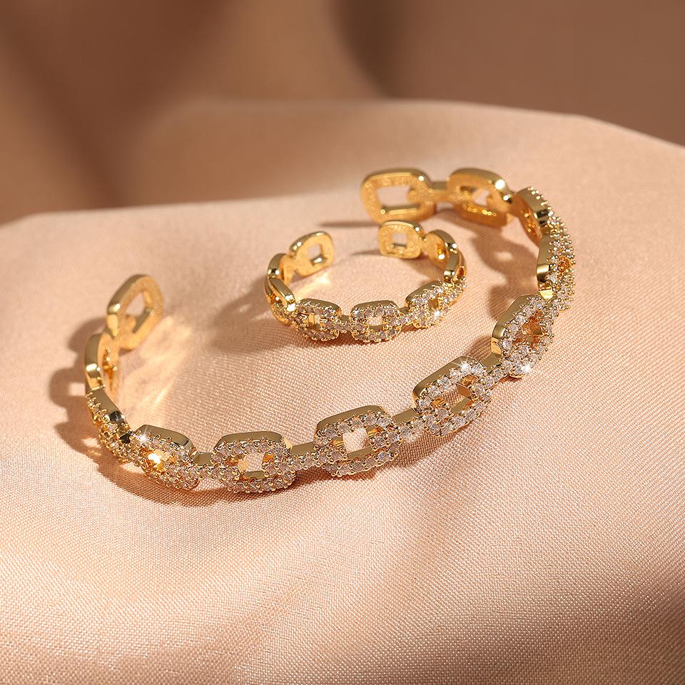 Yupsk 2 Pieces Hollow Square Shiny Zircon Chain Bracelet Rings for Women Shiny CZ Crystal Cuff Bangle Wedding Jewelry