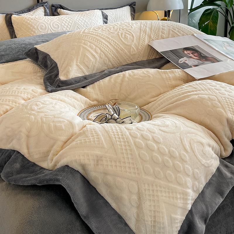 Light Luxury Embroidered Milk Fleece Bed Four-piece Set Winter Thickened Bed Sheet Quilt Cover Pillowcase