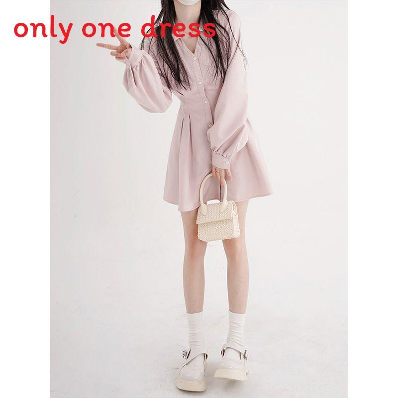 Classic Rose Pink Knit Dress With Vneck Long Sleeves For Casual And Travel