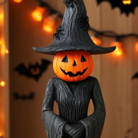Halloween Witch Statue Gothic Resin Enchanting Witch Figurine with Pumpkin Head Desktop Ornament for Indoor Home Shelf Table Decor