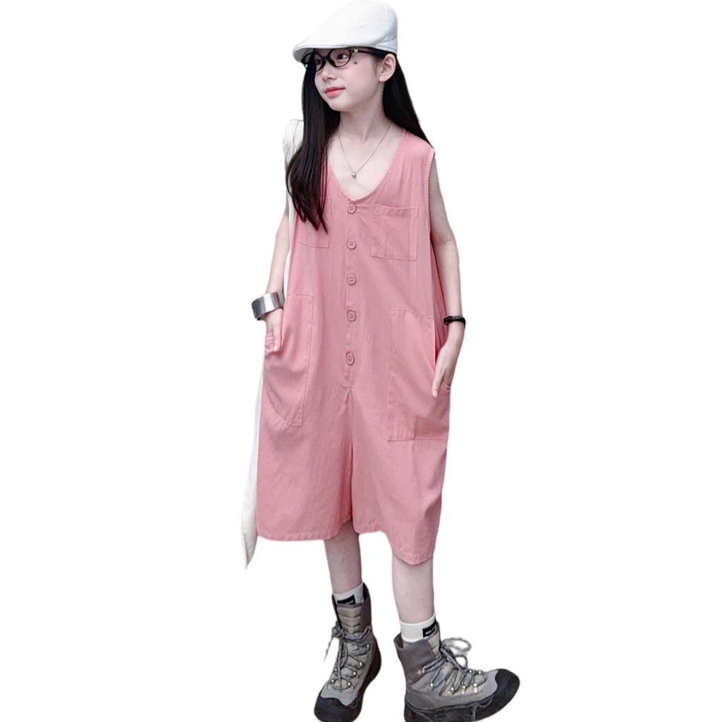 Ärmellose Baumwoll-Leinen-Overalls für Mädchen - Trendiger Koreanischer Stil Weite Beinshorts für den Sommer