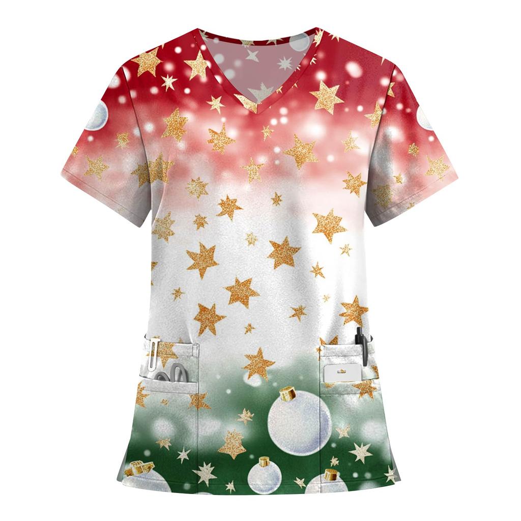 Women's Fashion Printed Short Sleeve V Neck Pattern Tops Pocket Working T-shirts