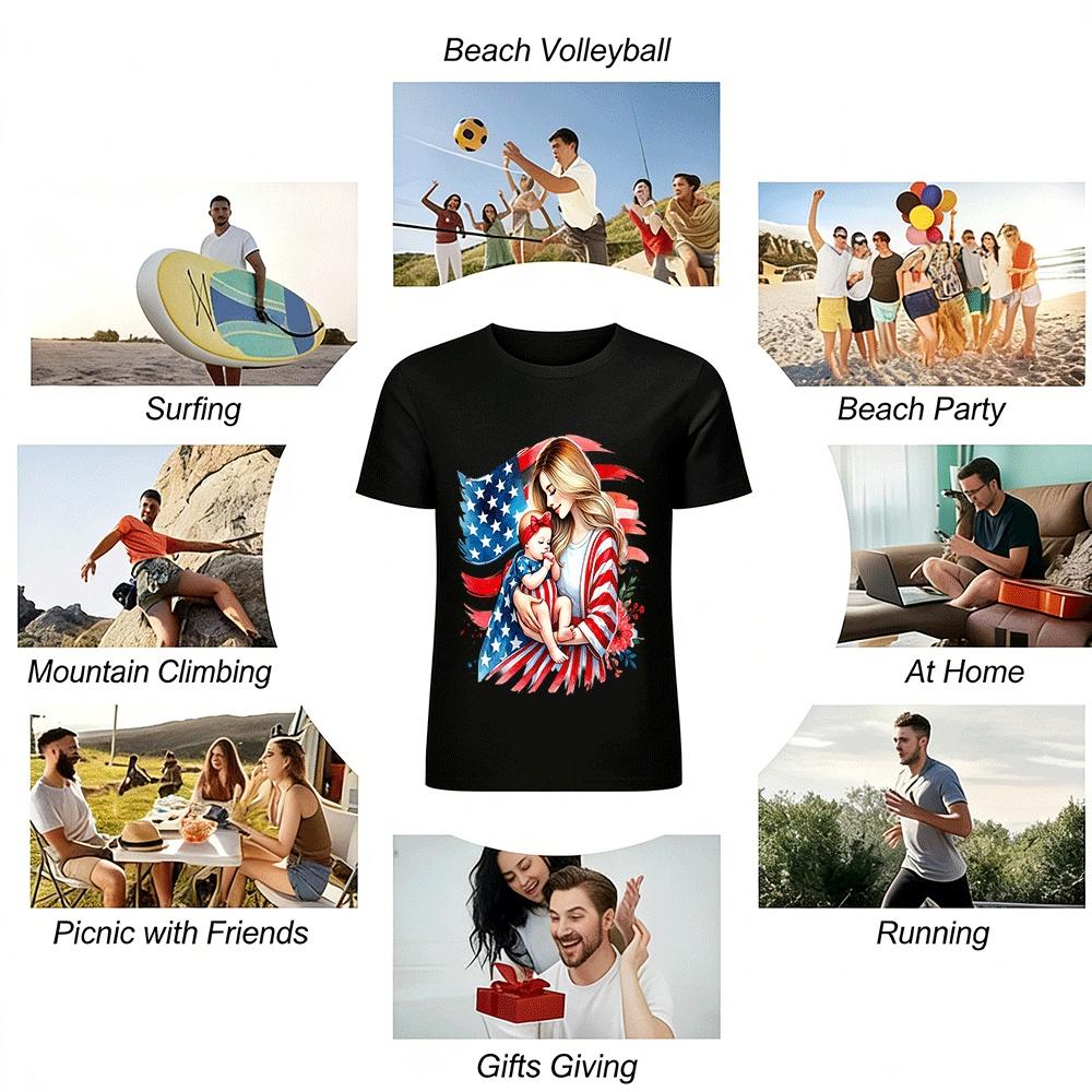 Patriotic Mother Baby USA Flag Graphic Tee Shirt Pure cotton T-shirt