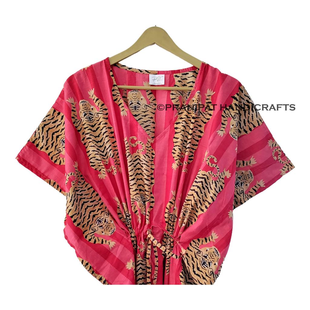 Women Cotton Summer Red Sleepwear Tibetan Tiger Print Long Maxi Caftan Dress CKFTN-SCRN-FULL-BUYIT-106