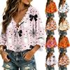 Women's Halloween Print Ruffle V-Neck Blouse with