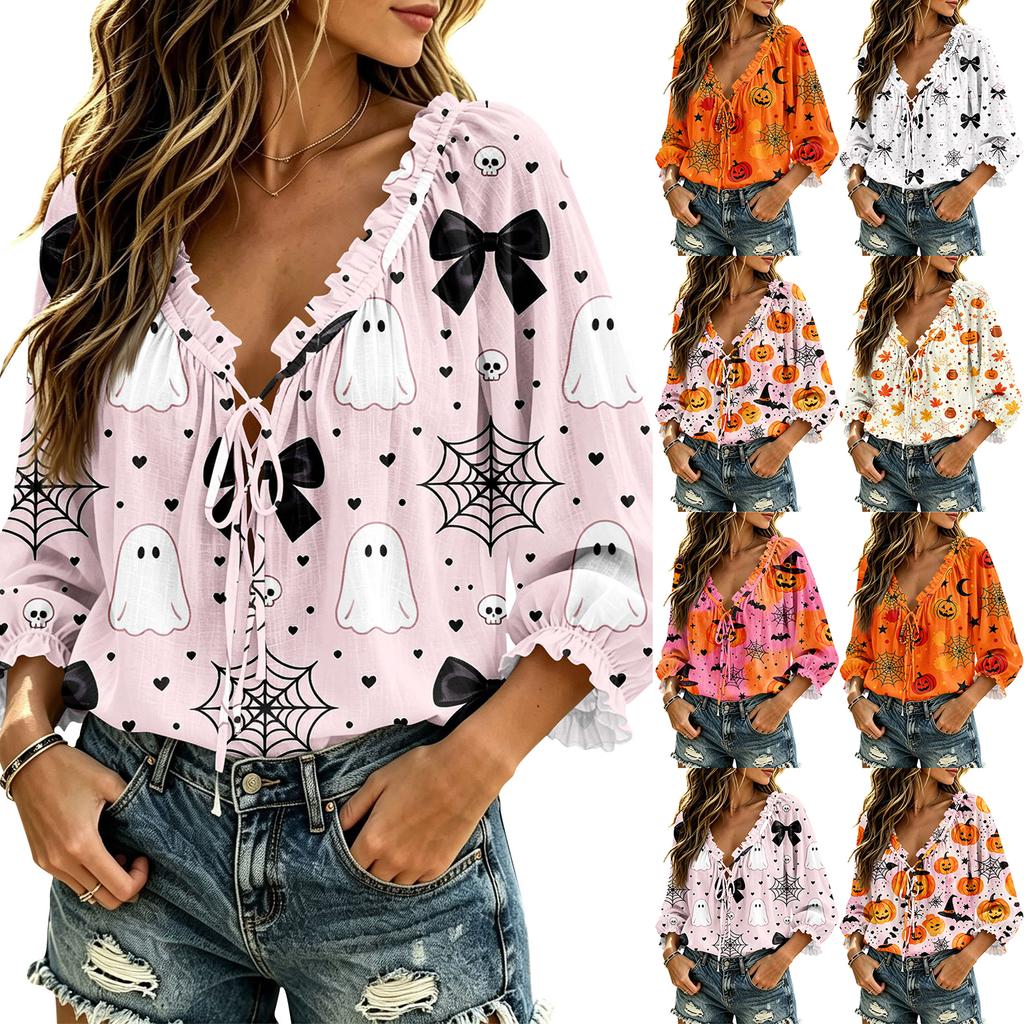 Women's Halloween Print Ruffle V-Neck Blouse with