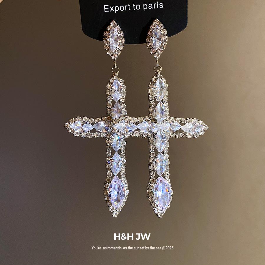 Silver Needle Diamond Zircon Cross Pendant Earrings European and American Simple Fashion Earrings Light Luxury Premium Earrings