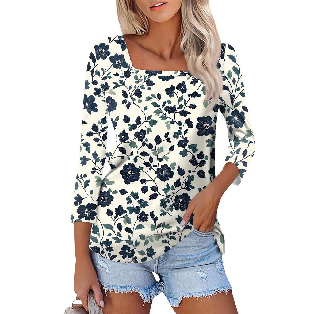 Shirt For Women's Fashion Casual Square Neck 3/4 Sleeve Loose Printed T-Shirt Ladies Top
