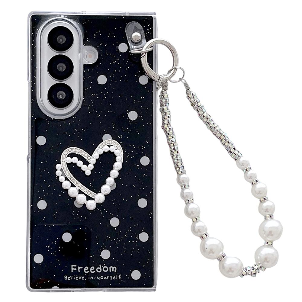 For Samsung Galaxy Z Fold7 5G Case Glitter DIY Heart Charm Phone Cover with Wrist Strap