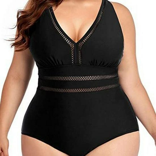 2023 Plus Size V-Neck Backless One-Piece Bikini Swimsuit with Hollow Out Solid Color Design