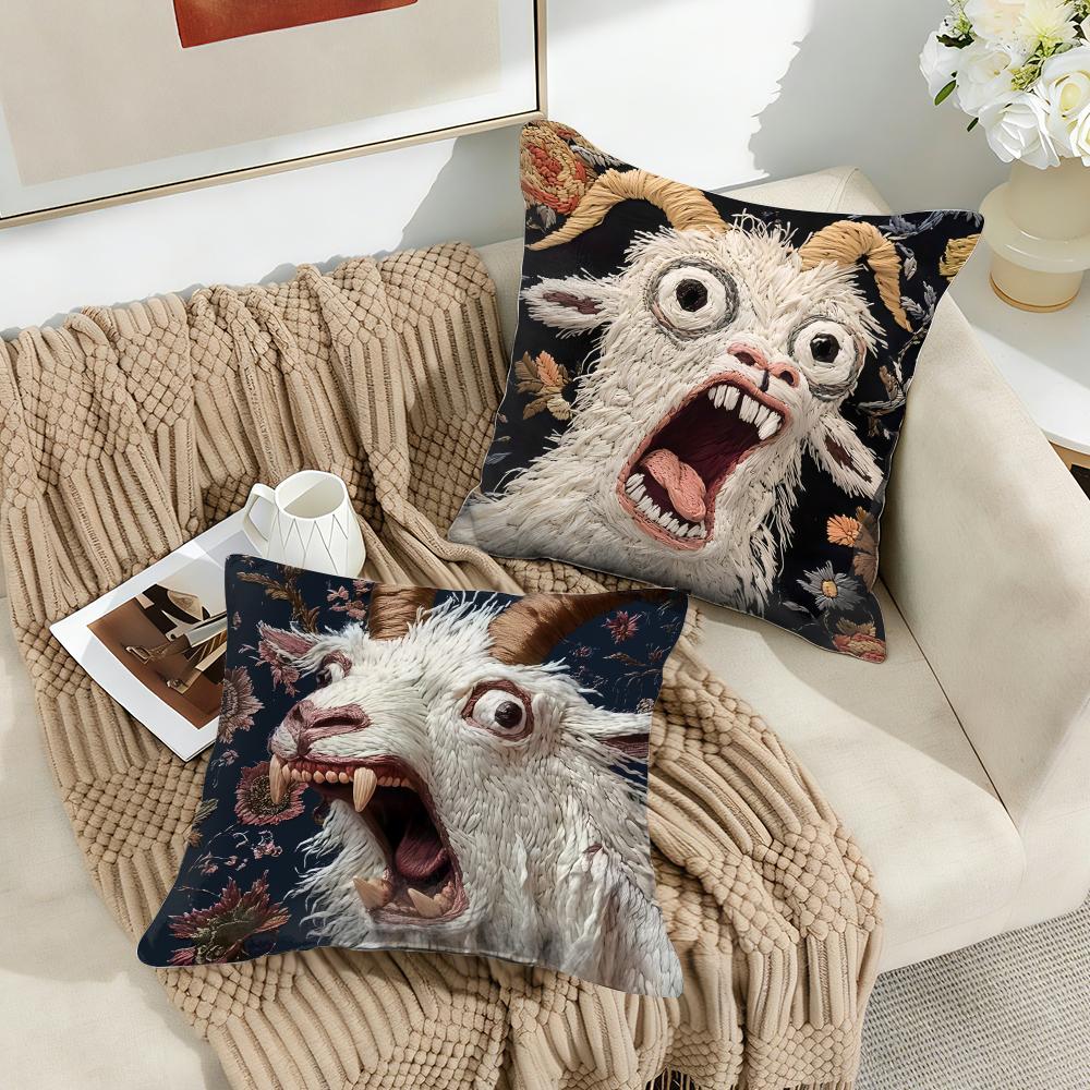 Spooky Goat Face 2D Cool Cushion Cover Silky Short Plush Invisible Zipper Dustproof Sofa Pillow Case For Home Decor