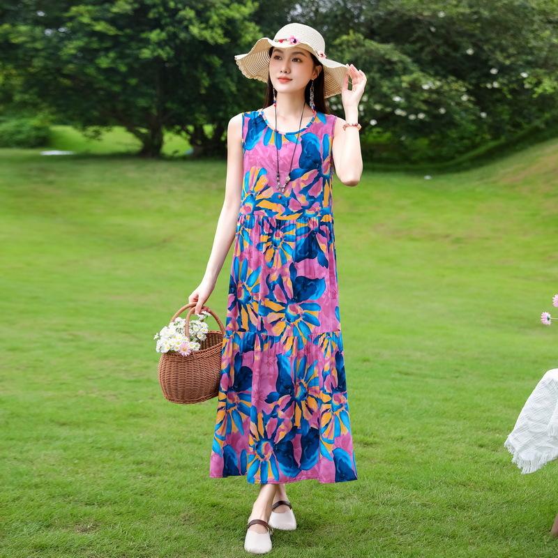 Summer  Women Plus Size Boho Dress Long Maxi Sundress Party Dress Elegant Vestidos Print O-neck High Waist Sleeveless