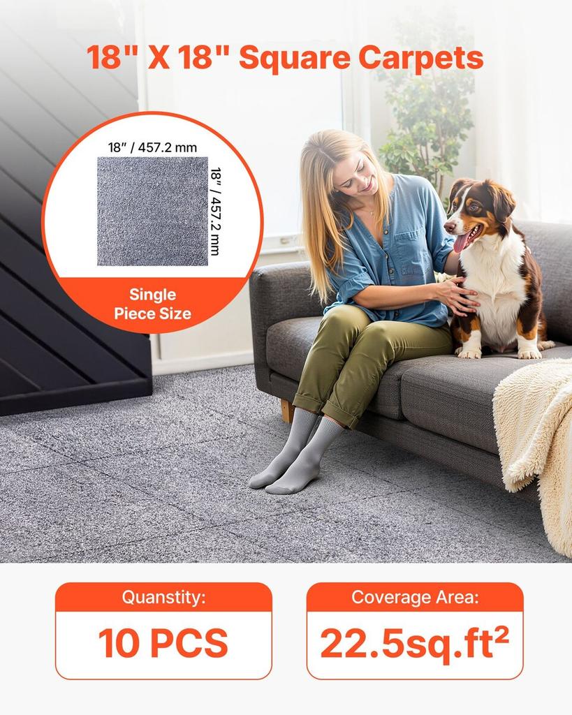 Carpet Tiles 457x457 Mm, 10 Pack Peel and Stick Carpet Square Rug, Self Adhesive Commercial Floor Soft Padded for Seamless Cover 2.1, Easy DIY