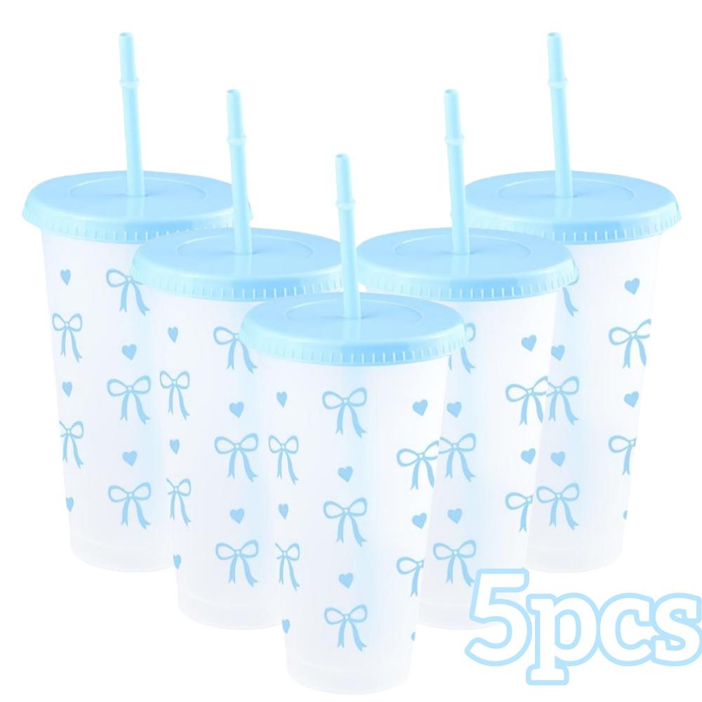 2/20pcs 24oz Reusable Party Cups with Straw & Lid Cute Bow Plastic Tumblers for Cold Drinks Home Office Outdoor Use Summer Gift