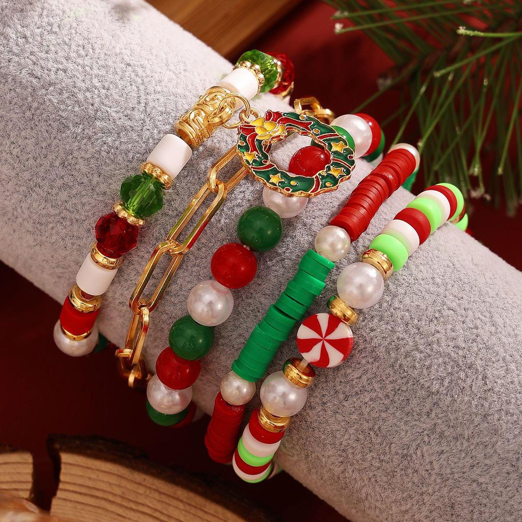 Christmas Reindeer Bell Alloy Bracelet Set with Colorful Polymer Clay for Women
