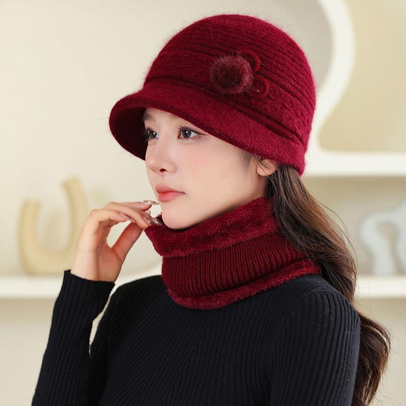 Fleece Warm Hat Ladies Mom Rabbit Plush Fashion Knitted Scarf Basin Hat Winter Grandma Windproof Hat