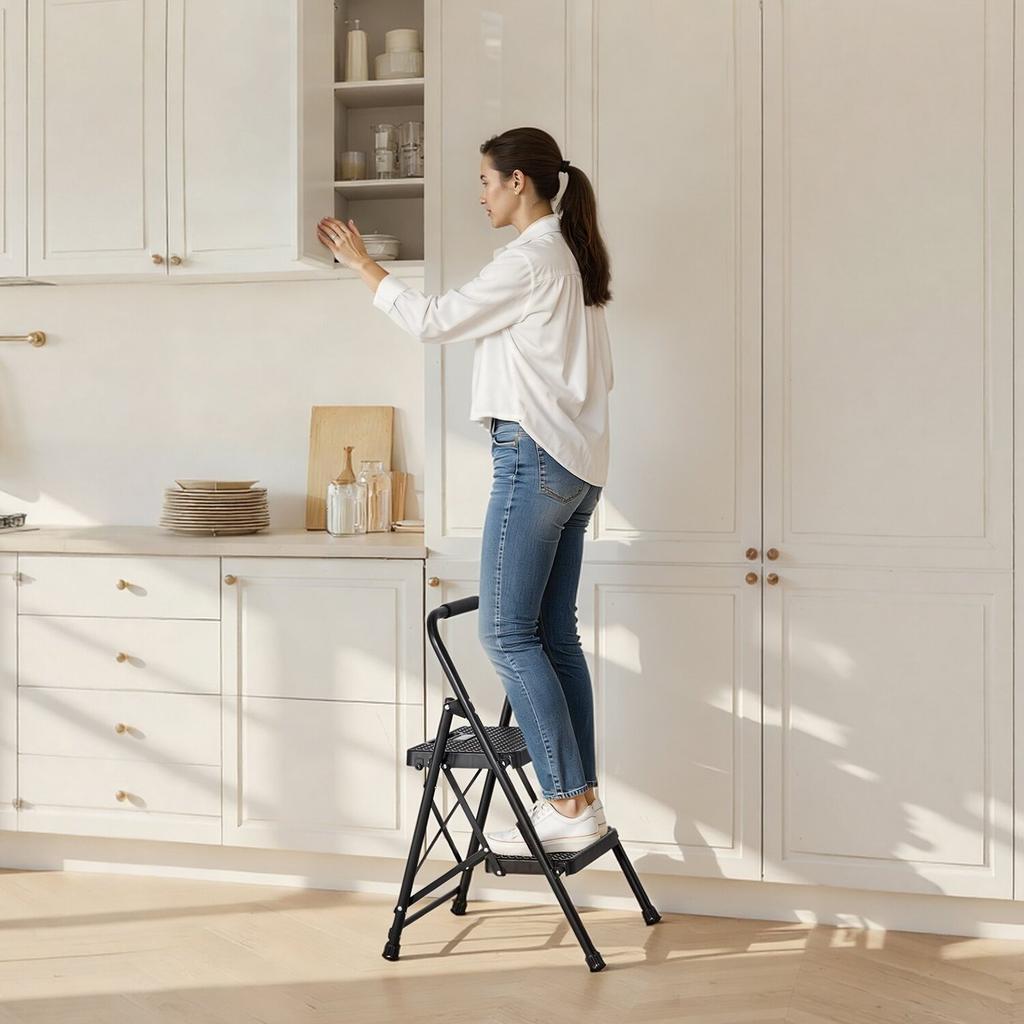 2 Step Ladder, Folding Step Stool with Wide Anti-Slip Pedal and Comfort Handgrip, Lightweight 272 kg Capacity Portable Steel Ladder, Multi-Use for
