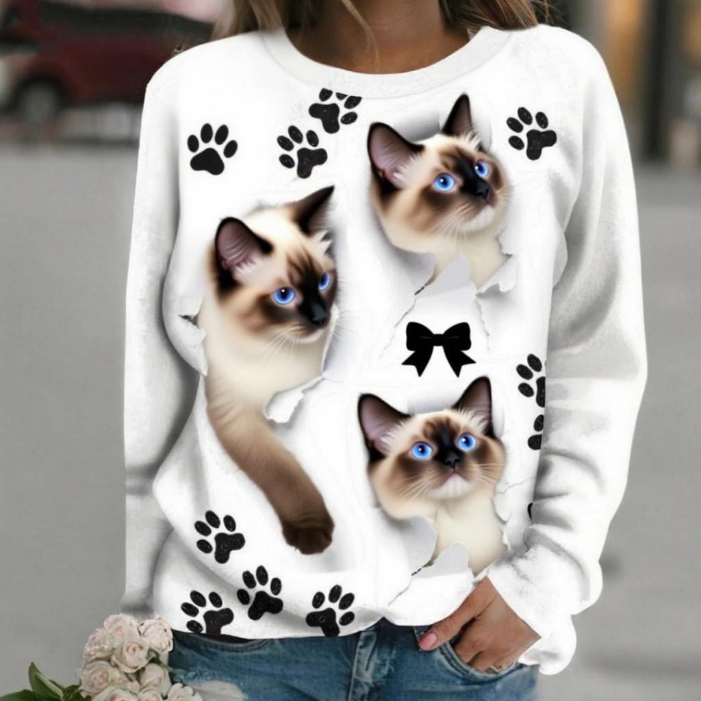 Women's Long-Sleeve T-Shirt Autumn Casual Long-Sleeve T-Shirt Top Funny Cat Print Fashion Plus Size Loose-Fit Women's Clothing