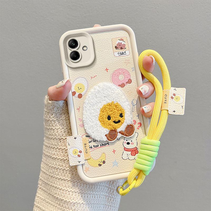 KEYSION Cartoon Cute Plush Embroidery Case for Samsung A07 4G with Lanyard Silicone Shockproof Phone Cover for Galaxy A07