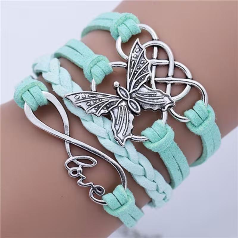 Unisex Retro Multicolor Butterfly Leather Infinity Bracelet